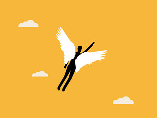 businessman flies on angel wings