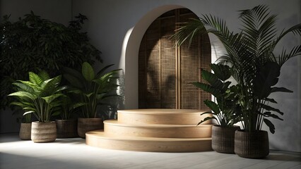 Curved wooden display steps with tropical plants and arched screen