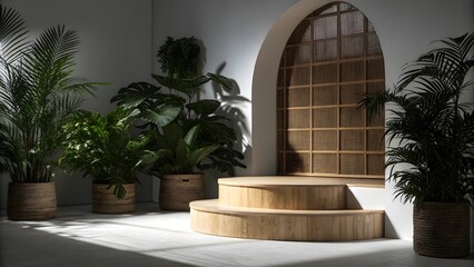 Contemporary indoor setting with wooden stage and decorative screen