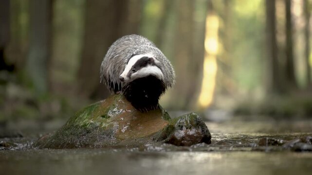 European badger in the middle of the forest standing on the rock in the river stream. Wildlife animal in his natural habitat.