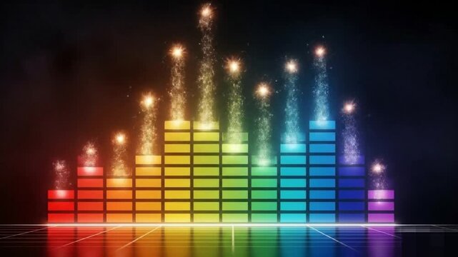 A digital sound equalizer visualization with a rainbow gradient of glowing bars. Sparkling, firework-like light bursts shoot up from the top of each bar against a dark background.