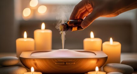 Aromatherapy Diffuser with Essential Oil Pouring Amidst Relaxing Candlelight and Spa Stones