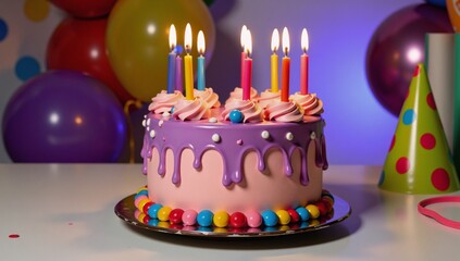 Vibrant birthday cake with candles and festive lights celebrating a colorful party