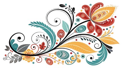 Ornate floral swirl design with red yellow and teal elements