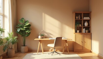 Fototapeta premium Warm study room with wheat-colored walls, wooden desk, chair. Features natural light, potted plants, light wood bookshelf filled with books, decor. Neutral palette creates refreshing, inviting