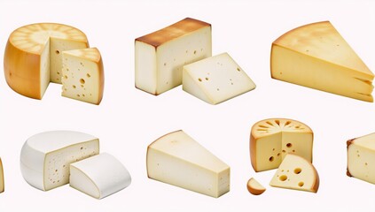 Watercolor illustrations of various cheeses isolated on a white background styled for design recipe books or advertising