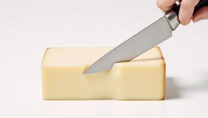 A minimalistic image of a hand holding a knife cutting into Swiss cheese against a white background