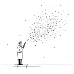 Illustration of a detective examining bubbles with magnifying glass in black and white line art style