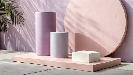 Pastel geometric shapes and cylinders on a pink platform