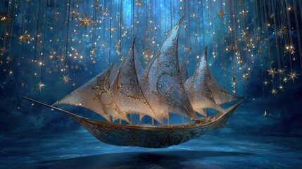 Dreamy, ornate ship with decorative sails floating under a starry, blue night
