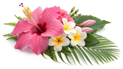 Pink hibiscus and white plumeria flowers with green leaves