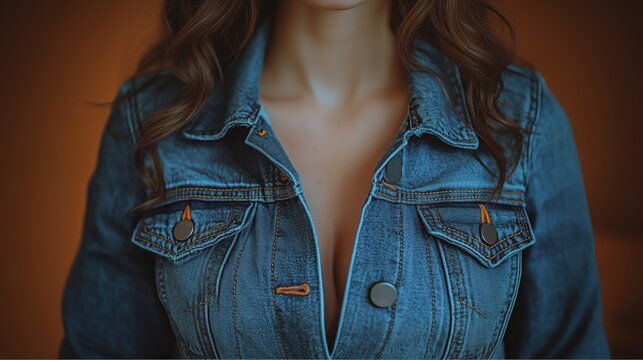 Woman in denim jacket with visible collarbone and warm orange lighting on background

