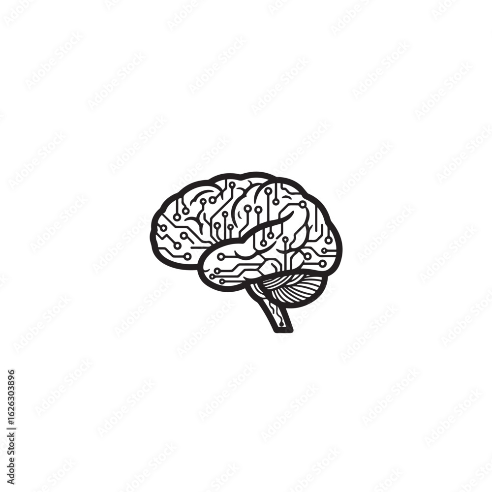 Poster vector art of stylized brain with digital circuits isolated on white background
