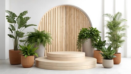 Plants and circular wooden display against slatted backdrop