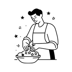 Man mixing star shaped ingredients in bowl wearing apron preparing food in kitchen illustration vector