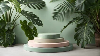 Tiered Green and Pink Pedestals Amidst Tropical Plants