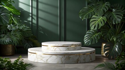 Tiered marble display platforms with gold trim and green plants