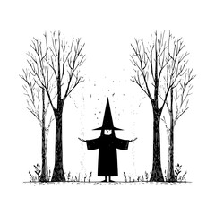 Black and white witch illustration in forest with trees and magical stars halloween graphic design art