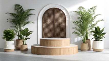 Two-tiered wooden podium with plants and archway two-tiered podium