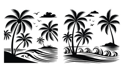 Tropical Island and Surfing Wave Logo in Black and White
