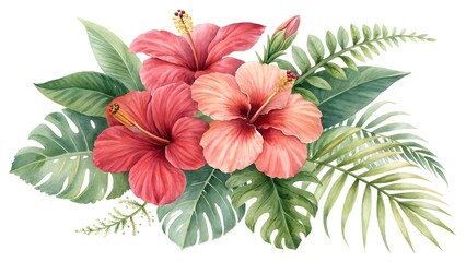 Watercolor arrangement of red and pink hibiscus with tropical foliage