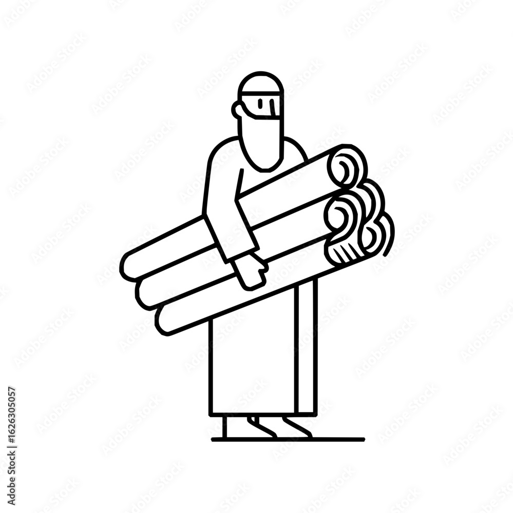 Poster illustration of a man with a beard and head covering carrying a stack of scrolls in a minimalist sty