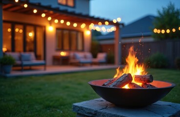 Warm outdoor fire pit glowing with bright flames in evening garden setting. Cozy ambiance with blurred patio furniture, string lights, and green lawn. Perfect for summer gatherings and relaxation.