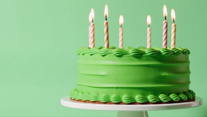 Vibrant green birthday cake with lit candles and frosting on a white stand