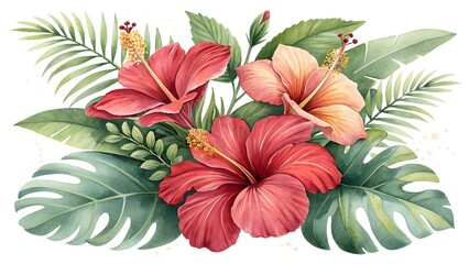 Watercolor hibiscus flowers and tropical leaves bouquet