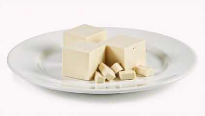 White plate features blocks and diced tofu isolated