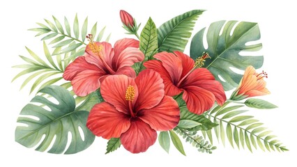 Watercolor painting of red and orange hibiscus flowers with tropical leaves
