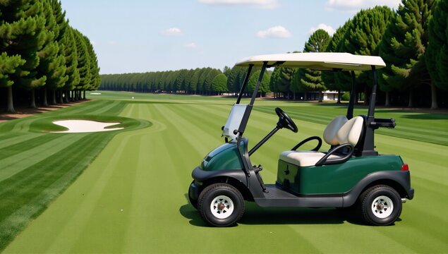 A golf cart sits on a green sprawling golf course