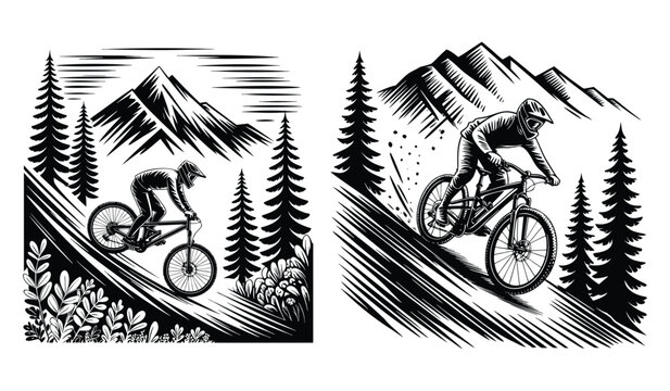 Set of Two Monochrome Mountain Biking Illustrations