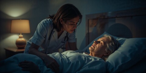 Nurse tending to an elderly woman lying in bed at night with a lamp providing soft illumination near by