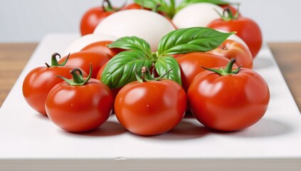 Detailed close-up of fresh tomatoes basil and mozzarella on a rustic white board