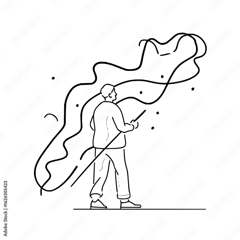 Poster a person in outline style holding a stick and creating abstract shapes with dots and curved lines ar