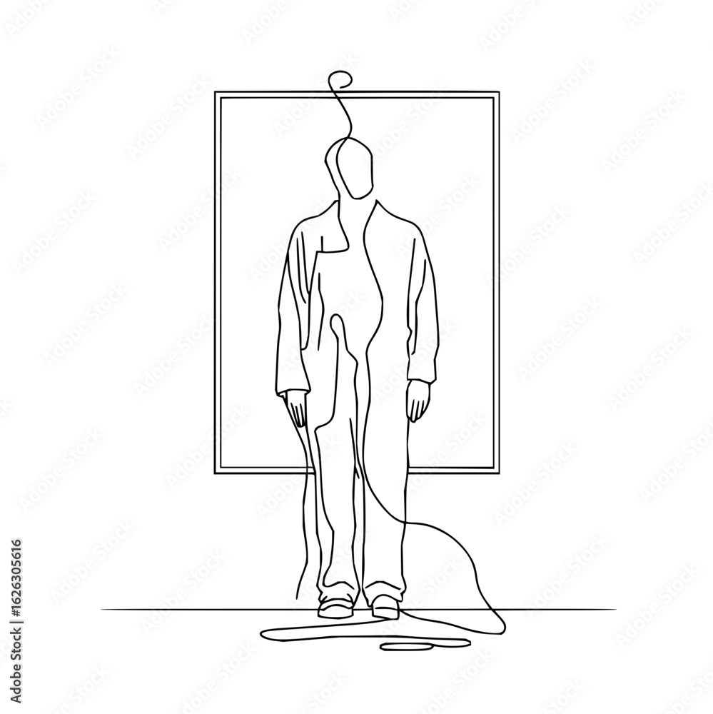 Poster a minimalist line drawing of a person standing in front of a framed background with a unique head de