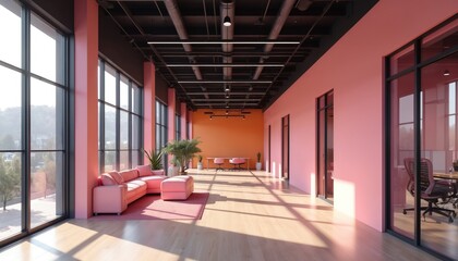 Modern office interior featuring pink walls, large windows, wooden floors. Pink sectional sofa, stylish furniture, plants create vibrant, collaborative workspace. City view visible through expansive
