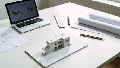 Detailed architectural model on desk with laptop showcasing technical tools for building construction and real estate business