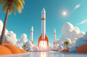 Futuristic 3D render shows rockets on launchpad, preparing for space exploration. White rockets with orange stripes, surrounded by fluffy clouds and palm trees, against a vibrant blue sky with sun.