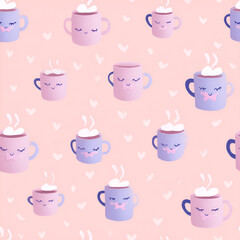 Charming seamless pattern: whimsical mugs with smiles and steaming tops on a heart-speckled light-pink background.