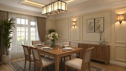 Fototapeta premium modern dining room with kitchen