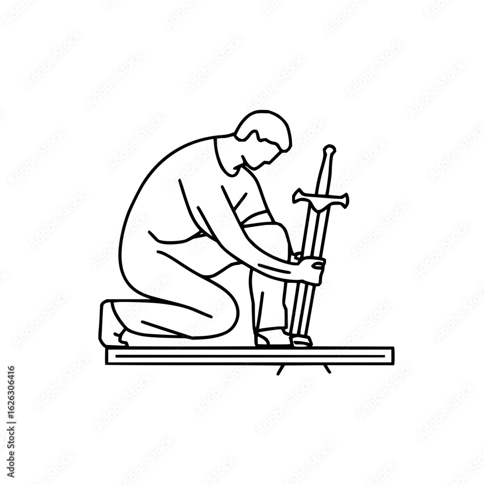 Poster man kneeling holding a sword on a platform in a black and white line drawing with a simple design st