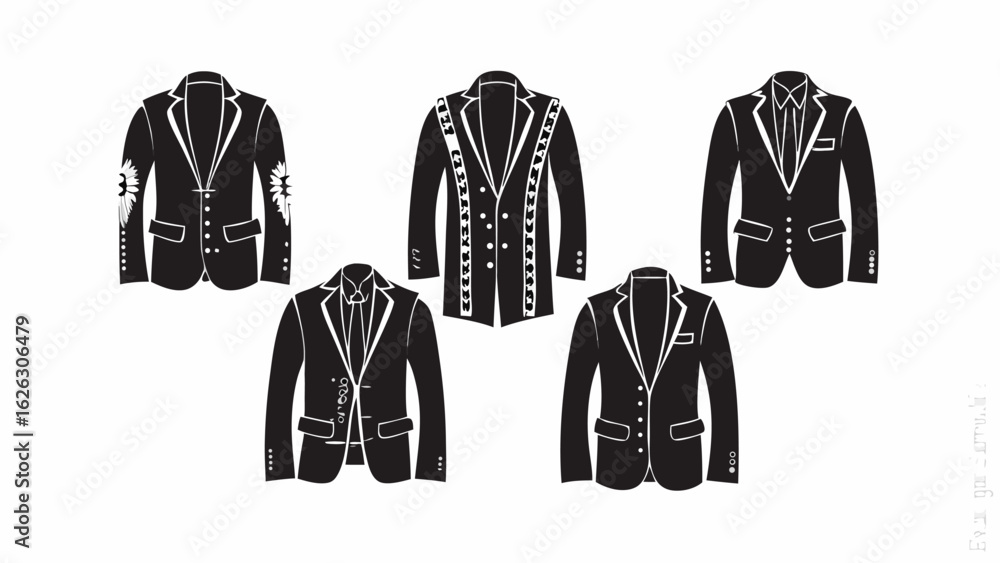 Poster Five black suits with different designs and styles displayed in a symmetrical arrangement on white background