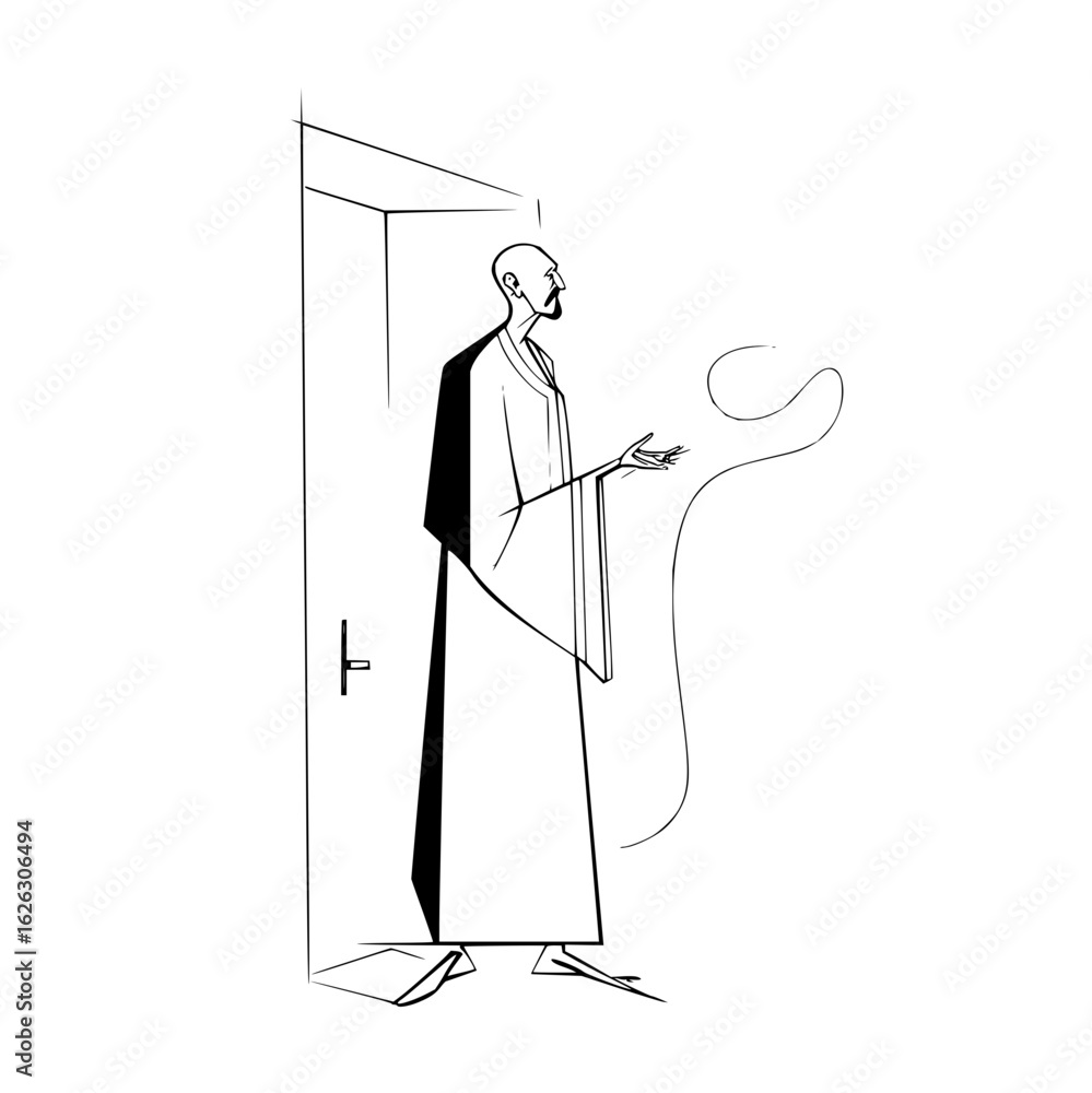 Aufkleber illustration of a bald man with a beard in a robe standing in a doorway with an abstract line shape