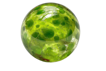 A vibrant, glossy green sphere, speckled with smaller, lighter green and yellowish elements