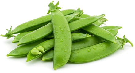 A pile of fresh green peas in pods with water droplets on a white background in a close up shot ai generative