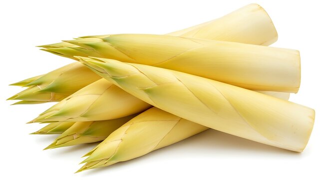 A pile of fresh bamboo shoots with pointed tips on a plain white surface in close up studio shot ai generative
