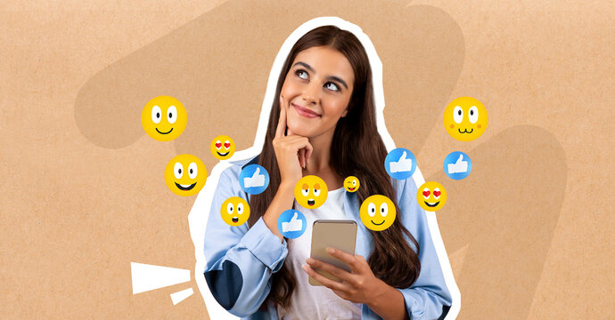 A young woman is happily engaged in texting on her smartphone, surrounded by vibrant social media icons. She looks thoughtful, reflecting a joyful moment while chatting online.