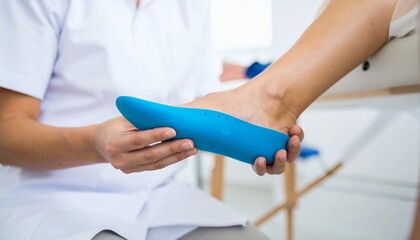 Orthopedic specialist provides foot care by fitting a custom arch support insole in a clinic